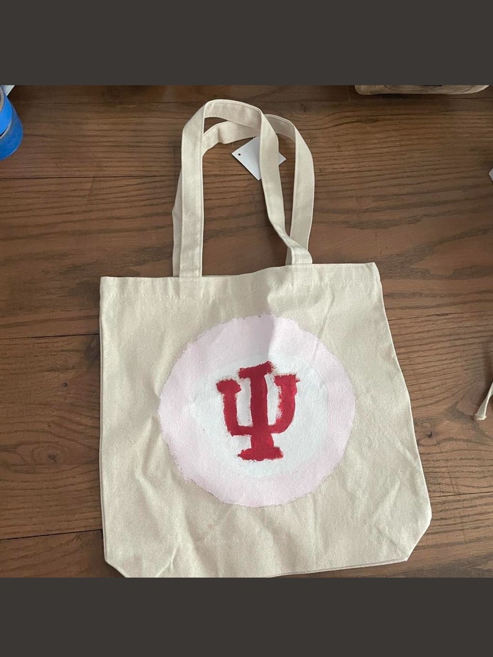 Canvas Tote Bag with Red IU Logo Print - Cream